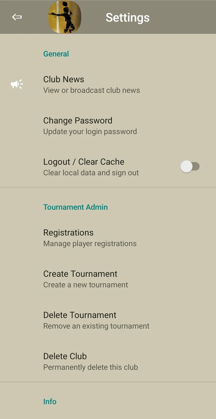Settings and tournament admin options