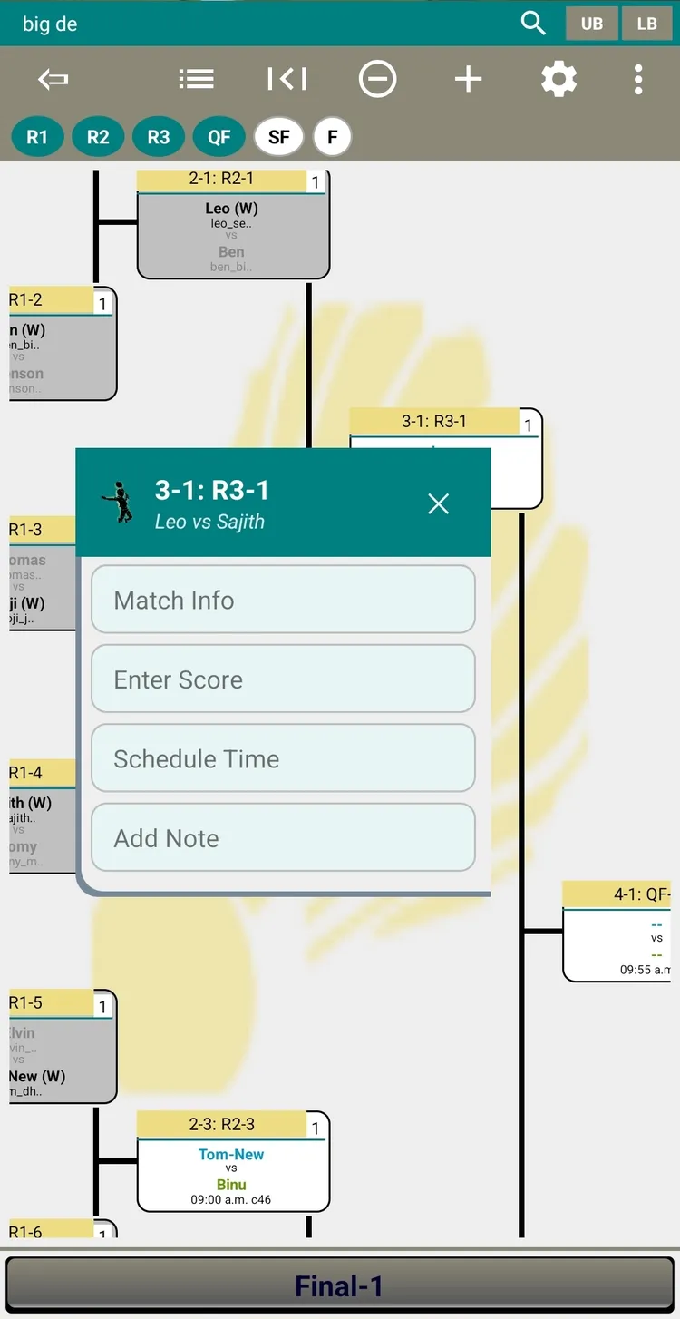 Match options dialog on bracket