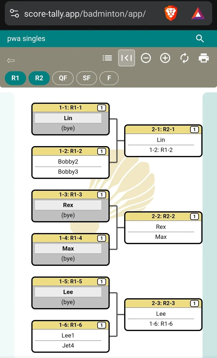 Tournament bracket on PWA web app