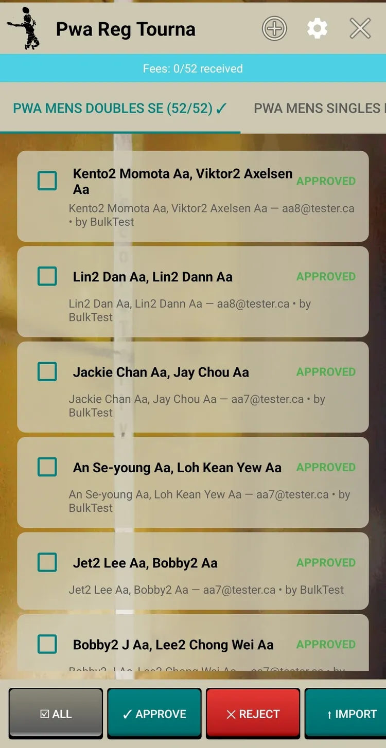 Registration admin screen